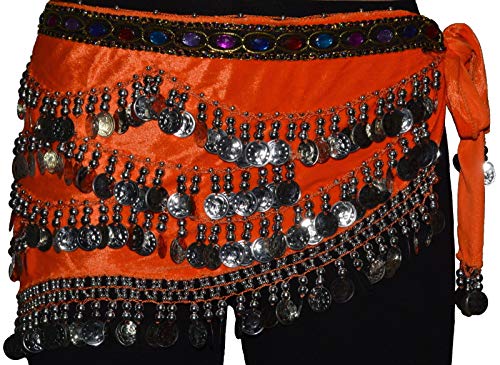 Tanzbekleidung & Accessories Bauchtanz Münzgürtel Samt Hüfttuch Belly Dance Bauchtanzgürtel Karneval Münzen (Orange mit silbernen Münzen) von Tanzbekleidung & Accessories