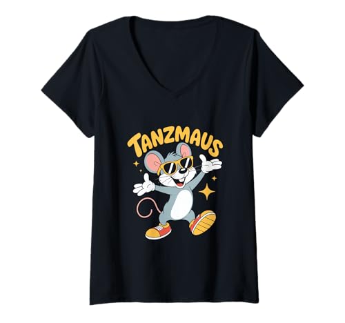 Damen Tanzmaus Coole Maus Mit Sonnenbrille Tanzen Party T-Shirt mit V-Ausschnitt Damen Tanzmaus Coole Maus Mit Sonnenbrille Tanzen Party T-Shirt mit V-Ausschnitt von Tanzende Maus Kinder Tanzen Karneval Party Spaß