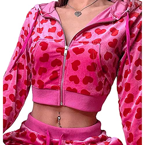 Frauen Pink Heart Print Zip Up Y2k Samt Crop Hoodies Langarm Jacken Kawaii Zipper Sweatshirts Outfits E-Girl 90er Streetwear von Taooolll