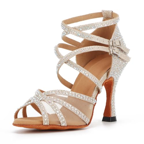 Taoyoule Tanzschuhe für Damen Salsa Lateinamerikanischer Tanz Absatz Glitzer Strass Samba Tango Gesellschaftstanz Übungstanz Schuhe mit 9 cm Absatz von Taoyoule