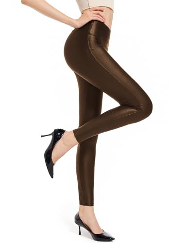 Damen Kunstleder Leggings Stretch Hoch Taille Kunstlederhosen Strumpfhosen Sexy Hosen, Brown, 27", XX-Large von Tapata