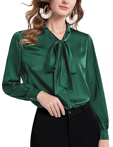 Tapata Bluse Damen Elegant Satin Button Down Hemd mit Schleife Female Hemdblus Langarm Business Langarmshirt, Dunkelgrün,Groß von Tapata