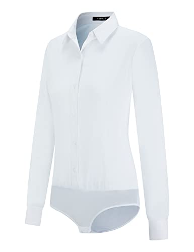 Tapata Damen-Bodysuit-Bluse mit Knöpfen, einteilig, langärmlig, solides Büroarbeitshemd, lässige Oberteile, Weiß, XXL von Tapata