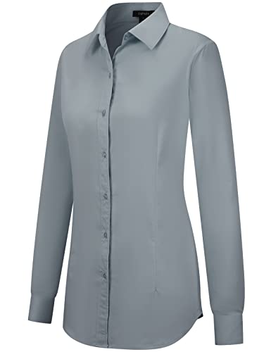 Tapata Damen Button Down Shirts Klassisch Fit Lange Ärmel Blusen Stretch Tops für Arbeit Business Casual Dressy Hellgrau Small von Tapata