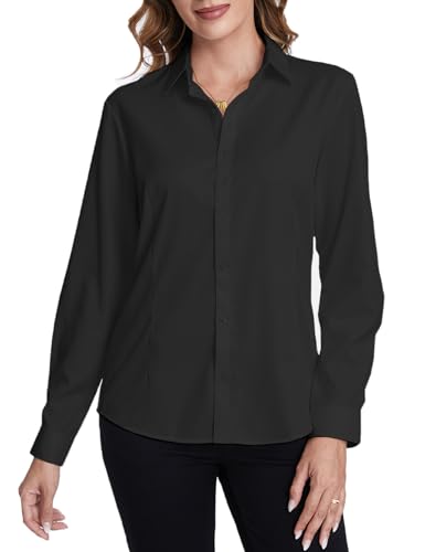 Tapata Frauen Klassische Button-Down Bluse Formelle Arbeit Kleid Fitted Shirts Kragen Langarm Business Top, Black, Klassisch, XX-Large von Tapata