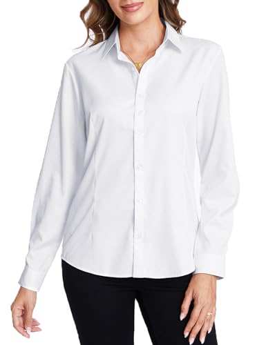 Tapata Frauen Klassische Button-Down Bluse Formelle Arbeit Kleid Fitted Shirts Kragen Langarm Business Top, White, Klassisch, Large von Tapata