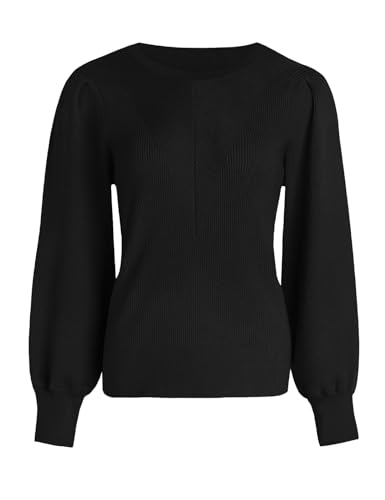 Tapata Damen Pullover Lange Puffärmel Strickpullover Sweatshirt Gerippter Rundhalsausschnitt Elegant Lässige Herbstoberteile Bequeme Pulli, Schwarz, Medium von Tapata