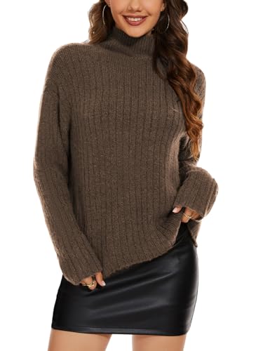 Tapata Rollkragenpullover Damen Gerippter Hoher Kragen Lässiger Lockerer Pullover Leichter Strick Langarm-Pullover, Braun, Medium Tapata Rollkragenpullover Damen Gerippter Hoher Kragen Lässiger Lockerer Pullover Leichter Strick Langarm-Pullover, Braun, Medium von Tapata
