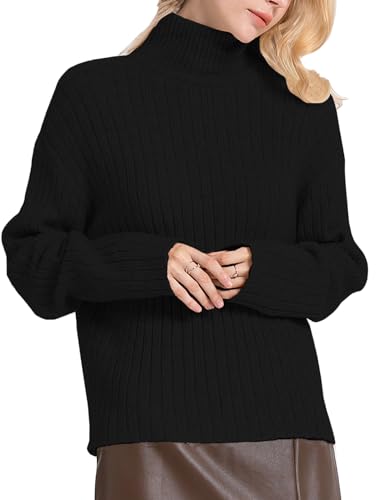 Tapata Rollkragenpullover Damen Gerippter Hoher Kragen Lässiger Lockerer Pullover Leichter Strick Langarm-Pullover, Schwarz, Small von Tapata