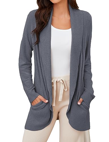 Tapata Strickjacke Damen Lang Elegant Cardigan Leichte Strickjacken Open Front Loungewear Langarm mit Taschen, Blaugrau, L von Tapata