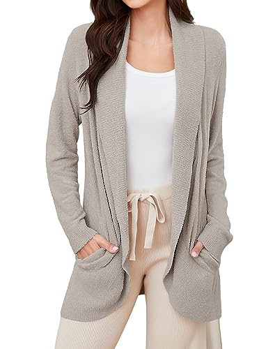 Tapata Strickjacke Damen Lang Elegant Cardigan Leichte Strickjacken Open Front Loungewear Langarm mit Taschen, Helles Khaki, M von Tapata