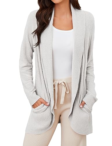 Tapata Strickjacke Damen Lang Elegant Cardigan Leichte Strickjacken Open Front Loungewear Langarm mit Taschen, Hellgrau, L von Tapata