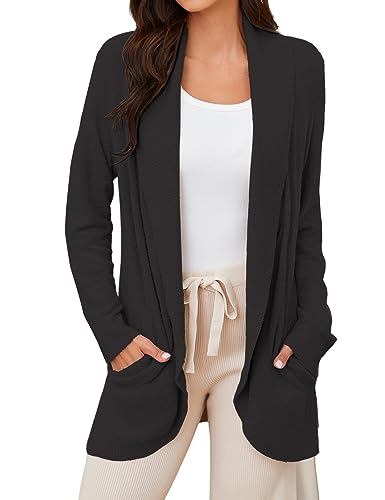 Tapata Strickjacke Damen Lang Elegant Cardigan Leichte Strickjacken Open Front Loungewear Langarm mit Taschen, Schwarz, XL von Tapata