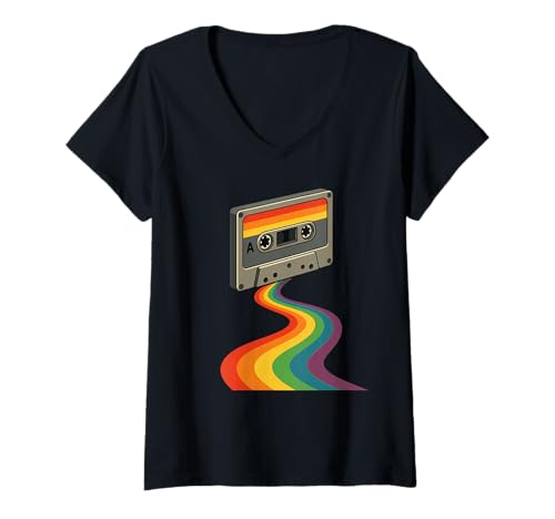 Damen Retro Kassettenband Rainbow Stream Vaporwave Graphic Art T-Shirt mit V-Ausschnitt Damen Retro Kassettenband Rainbow Stream Vaporwave Graphic Art T-Shirt mit V-Ausschnitt von Tape Trails