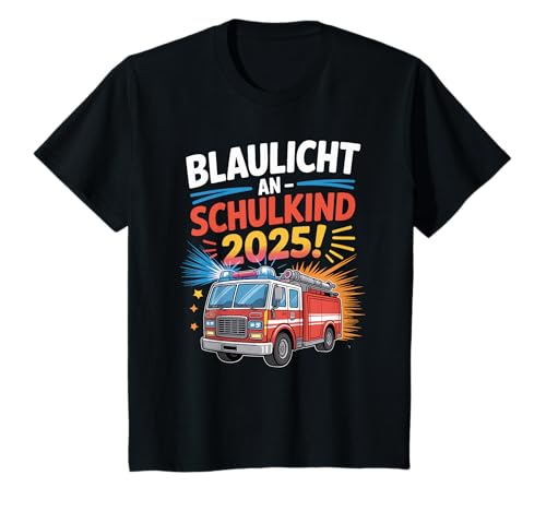 Kinder Junge Blaulicht Schulkind 2025 Feuerwehr T-Shirt von Tapferer Erstklässler Design