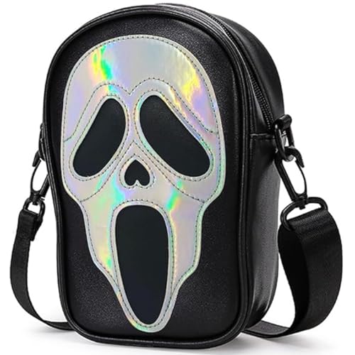 Tapp Collections Scream Ghost Face PU Crossbody Goth Sling Bag für Damen und Herren, Schwarze Tasche/silberne Maske von Tapp Collections