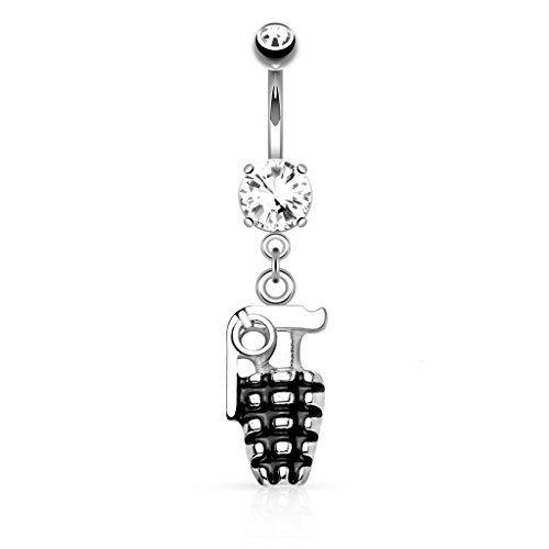 Tapsi´s Coolbodyart® Bauchnabelpiercing Edelstahl Chirurgenstahl 316L Zirkonia Anhänger Handgranate Silber von Tapsi´s Coolbodyart