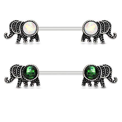 Tapsi´s Coolbodyart® Damen Nippel Barbell Brustwarzenpiercing Edelstahl Chirurgenstahl Elefant mit Opal in grün oder weiß als Sparset von Tapsi´s Coolbodyart