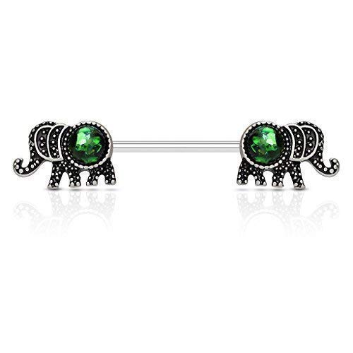 Tapsi´s Coolbodyart® Damen Nippel Barbell Brustwarzenpiercing Edelstahl Chirurgenstahl Elefant mit Opal in grün von Tapsi´s Coolbodyart