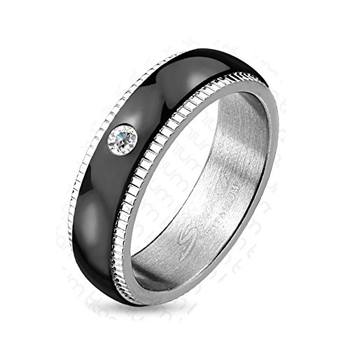 Tapsi´s Coolbodyart® Titan Ring Silber 6mm breit Paarringe gerillte Kante mit Band schwarz und Zirkonia farblos 60 (19) von Tapsi´s Coolbodyart