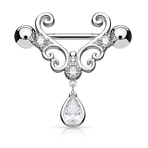 Tapsi´s Coolbodyart Nippelpiercing Chirurgenstahl Damen & Herren [Ornament Zirkonia Tropfen] 14mm | Brustwarzenpiercing | Nipple Piercing | Brustpiercing Frau | Nippelschmuck | CBAK11005_C von Tapsi´s Coolbodyart
