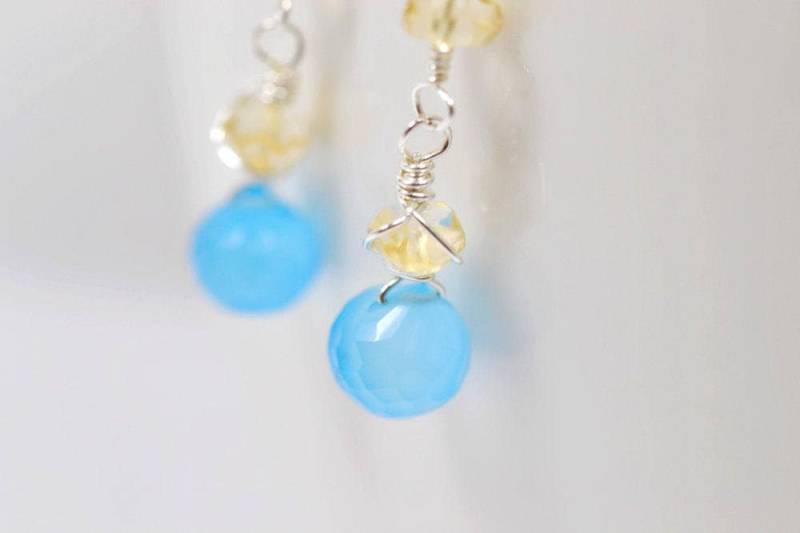 Blaue Und Gelbe Edelstein Ohrringe, Citrin Chalcedon Ohrhänger, Pastellfarbene Echte Sterling Silber, Himmelblau Sonnengelb von TaraFloraStudio