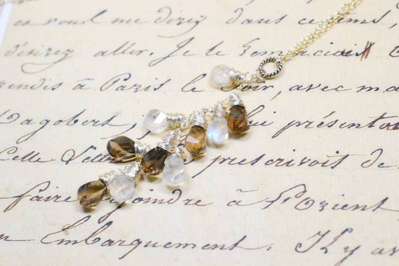Edelstein Quaste Halskette, Rauchtopas Regenbogen Mondstein Y Handgemachter Schmuck, Sterling Silber von TaraFloraStudio