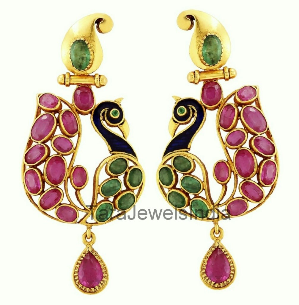 Rubin Smaragd Edelstein Ohrringe, Pfauen Form Emaille Handgemachte Birdie Hochzeit Sterling Silber Rubin Smaragd Edelstein Ohrringe, Pfauen Form Emaille Handgemachte Birdie Hochzeit Sterling Silber von TaraJewelsIndia