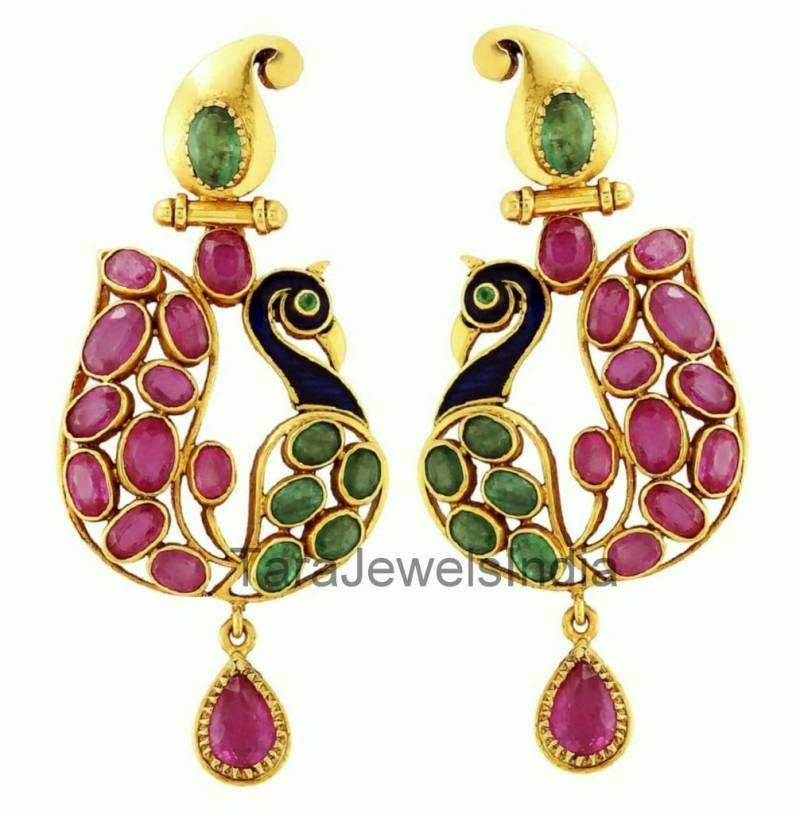Rubin Smaragd Edelstein Ohrringe, Pfauen Form Emaille Handgemachte Birdie Hochzeit Sterling Silber von TaraJewelsIndia