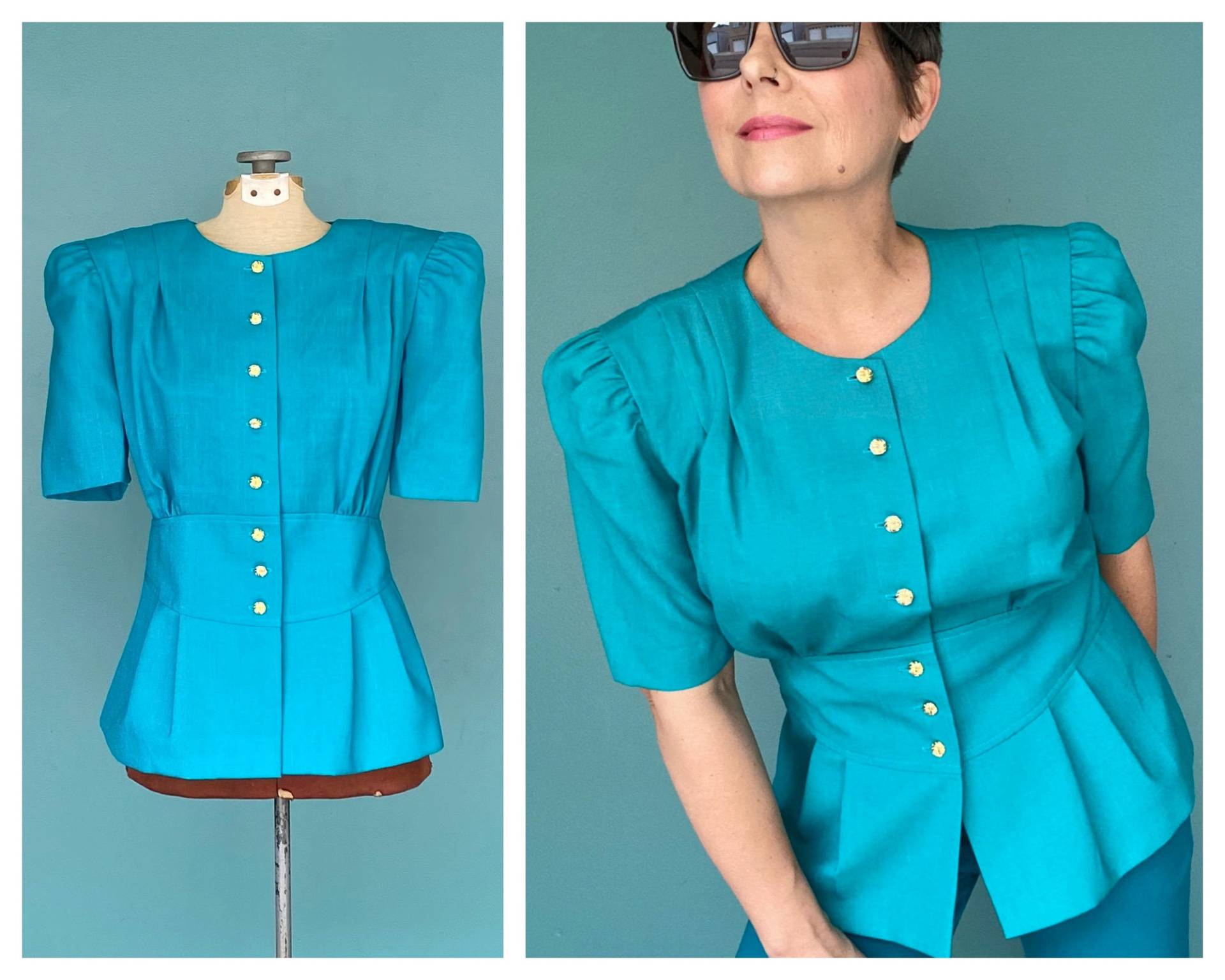 Schößchen Top Bluse Blaue Türkis 80Er Jahre Button Up Vintage Frauen Kurzarm Taralynevansstudio von TaraLynEvansStudio