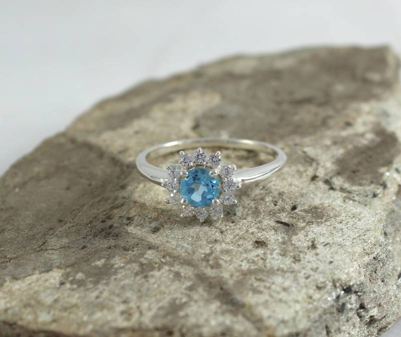 Blautopas-Ring 925Er Sterlingsilber, Runder Geburtsstein von Tarageminternational