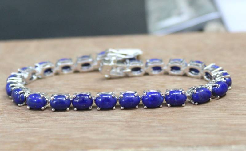 Natürliches Lapislazuli Armband Handgefertigtes 925 Sterling Silber | 5 X 7 Mm von Tarageminternational