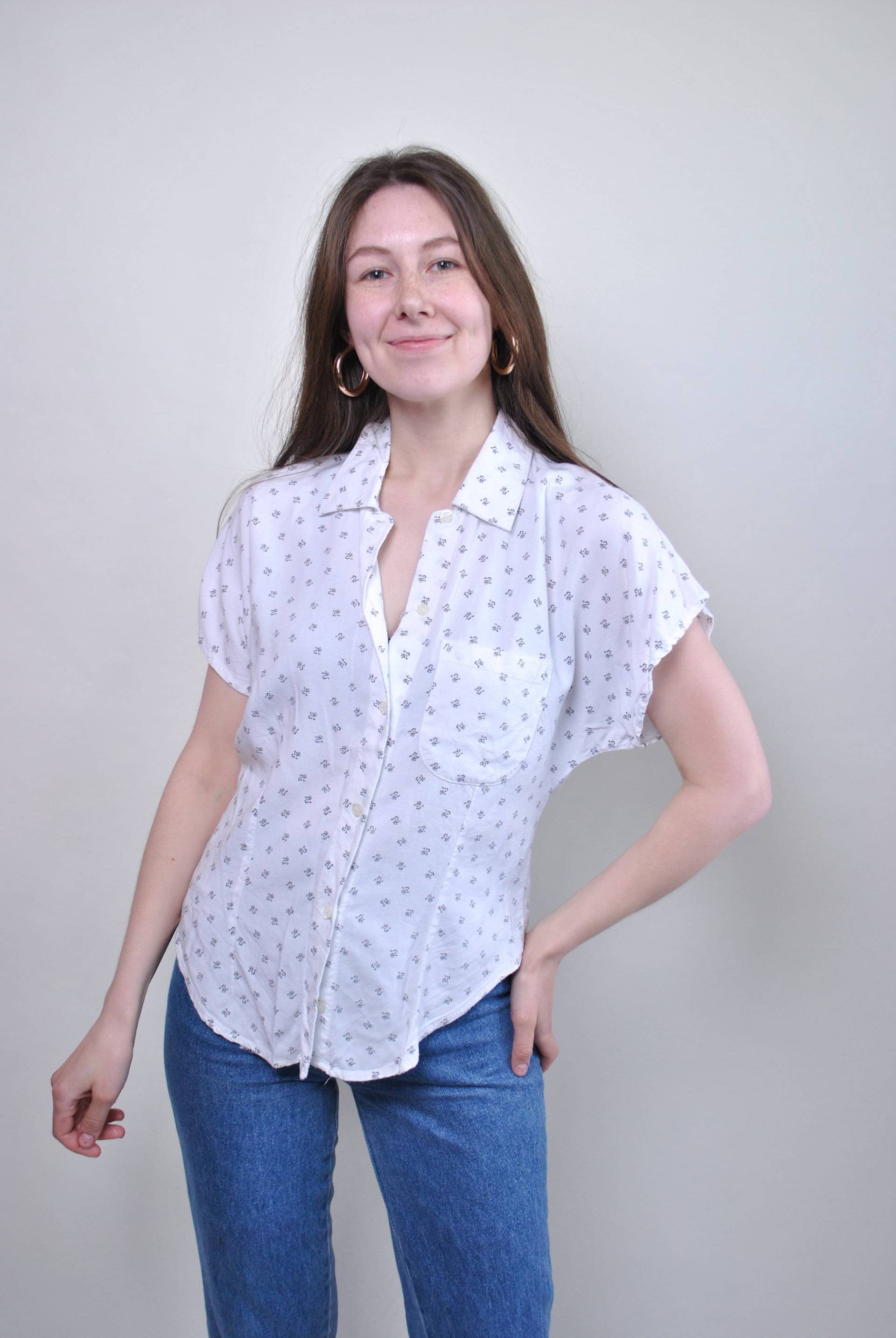 90Er Jahre Süße Weiße Bluse, Blumendruck Vintage-Shirt, Damen 1990Er Kurzärmeliges Blumenmuster Sommer Weißes Button-Down-Shirt, Größe M von TarasCommon