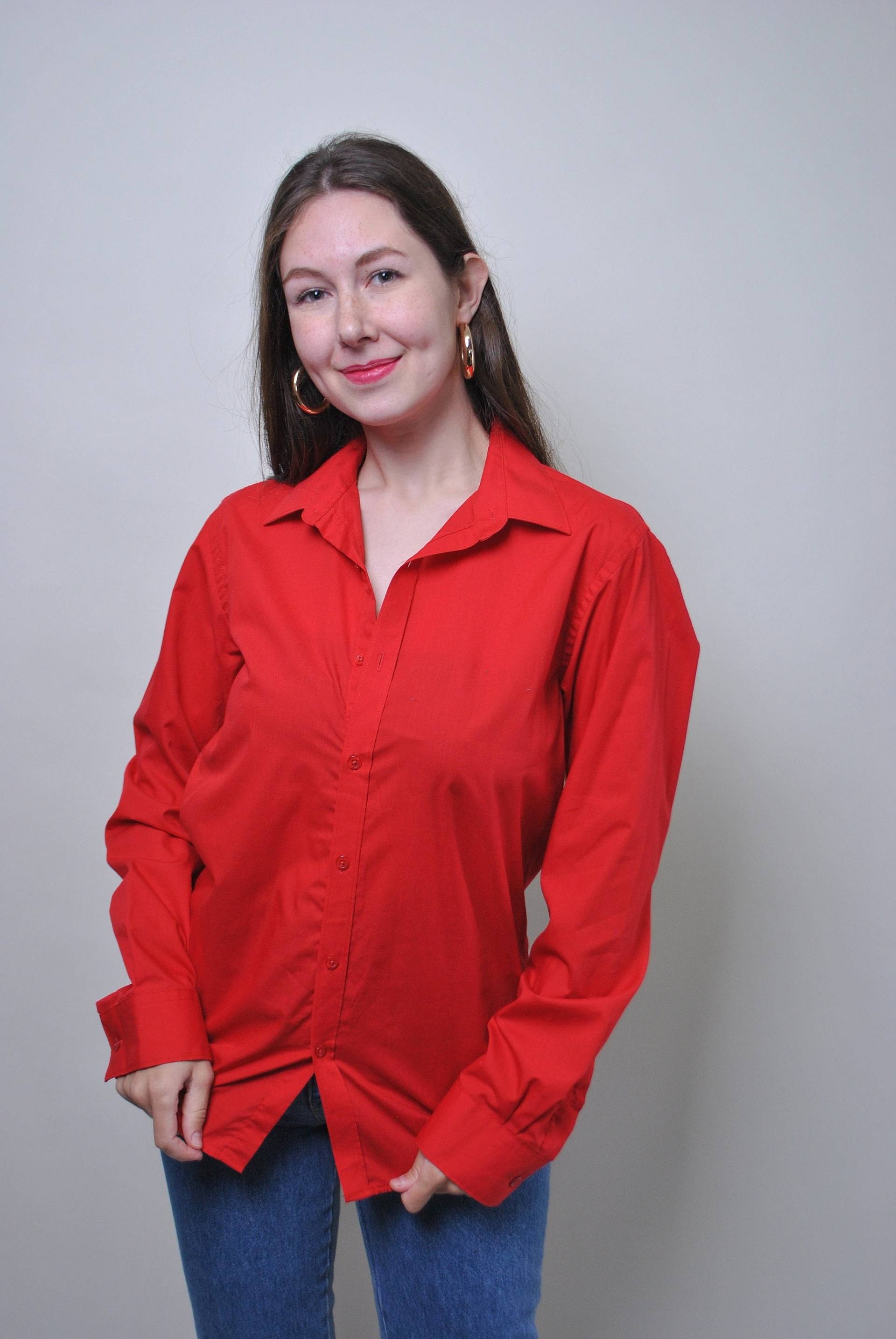 Vintage Damen Bluse, 90Er Jahre Rote Bluse Mit Knöpfen Für Die Arbeit, Grösse M von TarasCommon