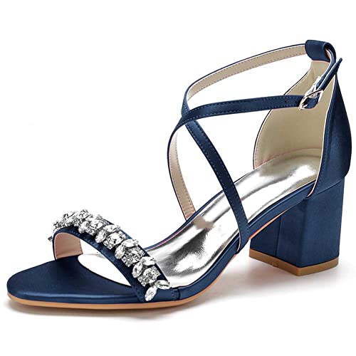 Satin Brauthochzeitsschuhe für Damen High Heels Schnalle klobige Absätze offene Zehen, Strasssteine, Bequeme Knöchelriemen Zehen Pumps von TarfiC