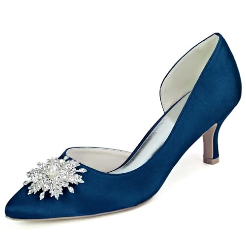 TarfiC Damen Hochzeitssandale aus Satin mit niedrigem mittelhohem Absatz Strasssteine Büro Damen Pumps mit spitzer Zehenpartie von TarfiC