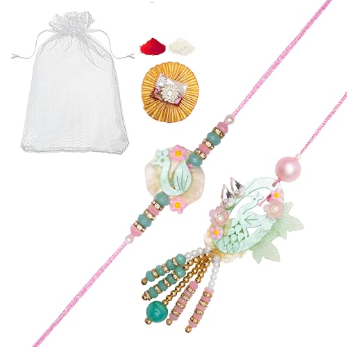 Tarini Gallery Set of 2 Rakhi and Lumba for Rakshan Bandhan Brother Bhaiya Bhai Bhabhi Bhai Duj Dooj Raksha Bandhan gift Rakhi Thread Rakhi with Greeting card gift pack in pouch/Potli bag (Design-2) von Tarini Gallery