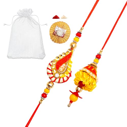 Tarini Gallery Set of 2 Rakhi and Lumba for Rakshan Bandhan Brother Bhaiya Bhai Duj Dooj Bhai Bhabhi Raksha Bandhan gift Rakhi Thread Rakhi with Greeting card gift pack in pouch/Potli bag (Design-1) von Tarini Gallery