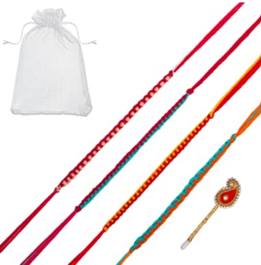 Tarini Gallery Set of 4 Rakhi for Brother Bhabhi Bhai Duj Dooj Bhatija Bhai Bhaiya Raksha Bandhan gift Rakhi Thread Rakhi with Greeting Card Gift Pack in Pouch/Potli bag (Design-2) von Tarini Gallery