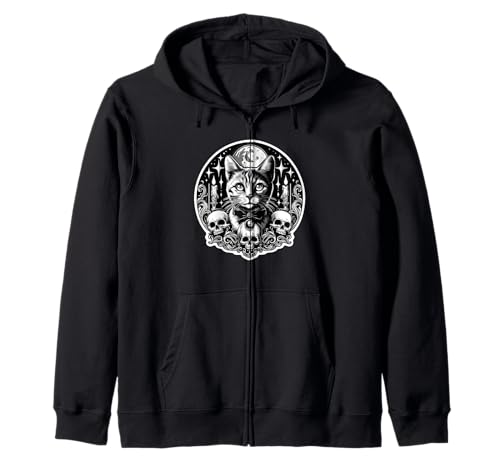 Katze Taro Gothic Dark Art mit Totenköpfen Mond Kerze Kapuzenjacke von Taro Kitten Gifts Black and White Horror style