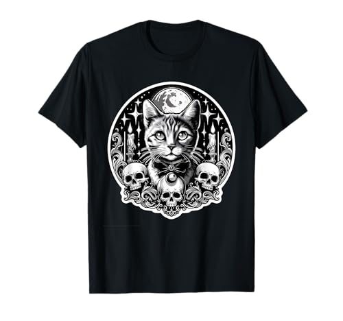 Katze Taro Gothic Dark Art mit Totenköpfen Mond Kerze T-Shirt Katze Taro Gothic Dark Art mit Totenköpfen Mond Kerze T-Shirt von Taro Kitten Gifts Black and White Horror style