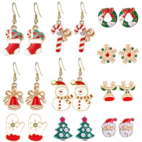 Tarocat 10 Paar Weihnachtsohrringe, Ohrringe Weihnachten Set, Weihnachtsohrringe Ohrstecker, Weihnachten Schmuck Geschenk, Weihnachten Ohrringe, Kreativ Weihnachten Ohrringe von Tarocat