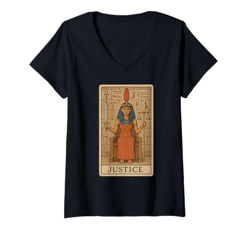 Damen Retro Tarotkarte Gerechtigkeit altes Ägypten Göttin Ägypten Ägypten T-Shirt mit V-Ausschnitt Damen Retro Tarotkarte Gerechtigkeit altes Ägypten Göttin Ägypten Ägypten T-Shirt mit V-Ausschnitt von Tarot Arcana Hieroglyphs Ancient Egypt Mythology