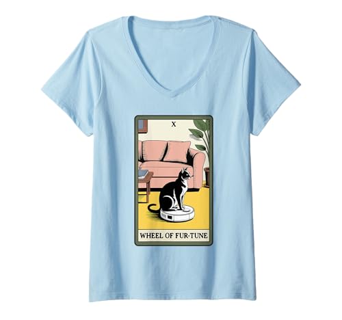 Damen Tarotkarte Rad der Fur-Tune Katze Roboter Staubsauger Katze T-Shirt mit V-Ausschnitt von Tarot Card Cat Lover Designs