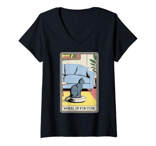 Damen Tarotkarte Rad der Fur-Tune Katze Roboter Staubsauger Katze T-Shirt mit V-Ausschnitt von Tarot Card Cat Lover Designs