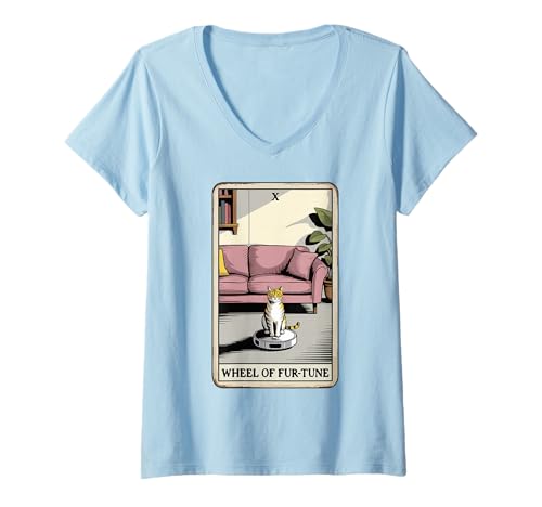 Damen Tarotkarte Rad der Fur-Tune Katze Roboter Staubsauger Katze T-Shirt mit V-Ausschnitt von Tarot Card Cat Lover Designs