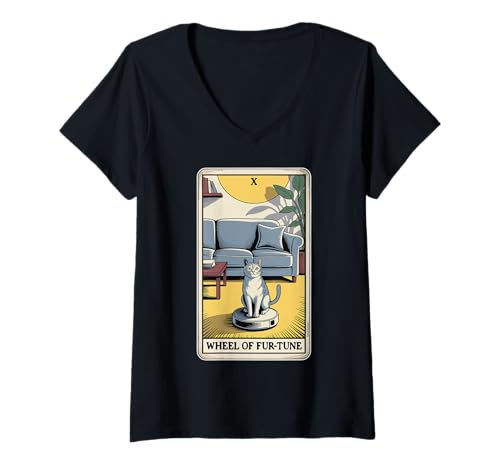 Damen Tarotkarte Rad der Fur-Tune Katze Roboter Staubsauger Katze T-Shirt mit V-Ausschnitt von Tarot Card Cat Lover Designs