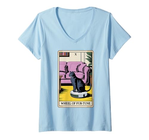 Damen Tarotkarte Rad der Fur-Tune Katze Roboter Staubsauger Katze T-Shirt mit V-Ausschnitt von Tarot Card Cat Lover Designs
