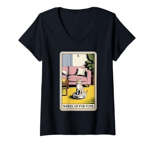 Damen Tarotkarte Rad der Fur-Tune Katze Roboter Staubsauger Katze T-Shirt mit V-Ausschnitt von Tarot Card Cat Lover Designs