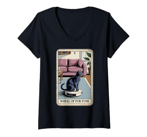 Damen Tarotkarte Rad der Fur-Tune Katze Roboter Staubsauger Katze T-Shirt mit V-Ausschnitt von Tarot Card Cat Lover Designs